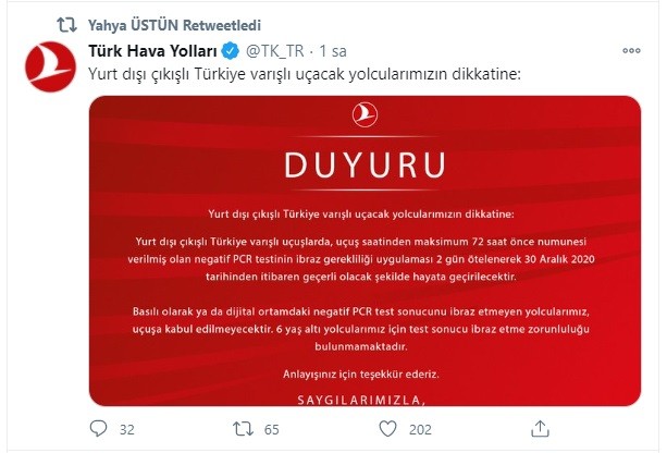 THY, PCR test zorunluluğunu erteledi