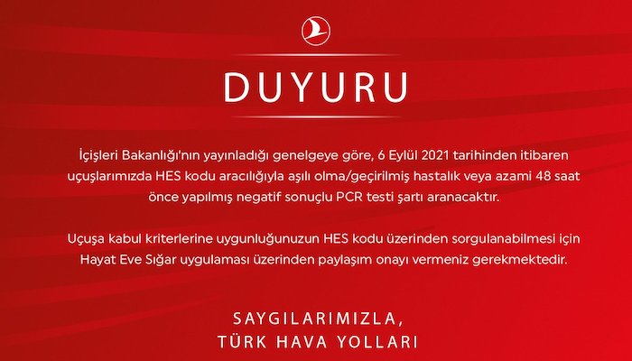 THY’den 6 Eylül uyarısı