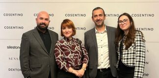 Cosentino 2024 Yılının Yeni Ürünlerinin Lansmanını Ankara’da Tamamladı Sol baştan; Hakan Fidan - (Yazarımız İç Mimar Mürde Deniz Berksan) Koray Kayıtmaz - Buse Kurtbay. Cosentino Türkiye Satış ve Pazarlama Ekibi